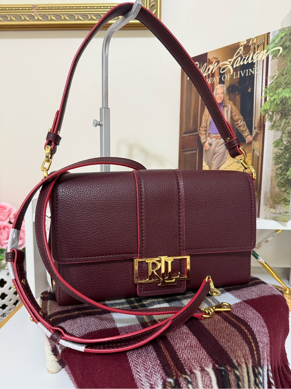 Lauren Ralph Lauren Spencer Burgundy Wine Shoulder Bag with Gold Hardware